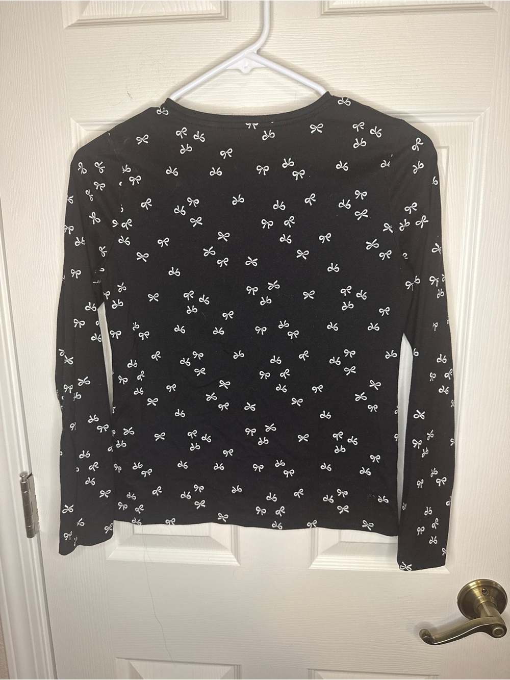 Girls Black & White Bow Print Long Sleeve Tee Coquette Top XL 14-18